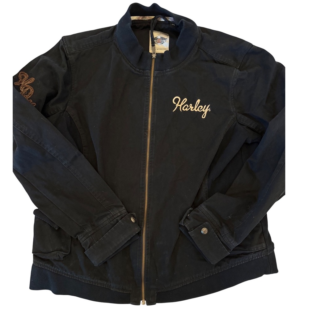Harley-Davidson Womens Black Canvas Bomber Jacket Embroidered Winged Logo 2XL